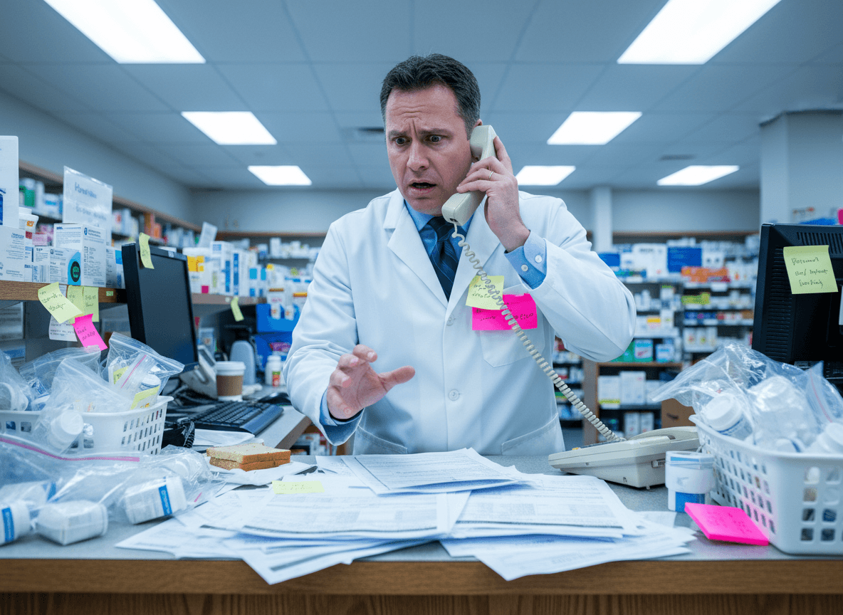 Pharmacist overwhelmed with paper invoices and phone calls